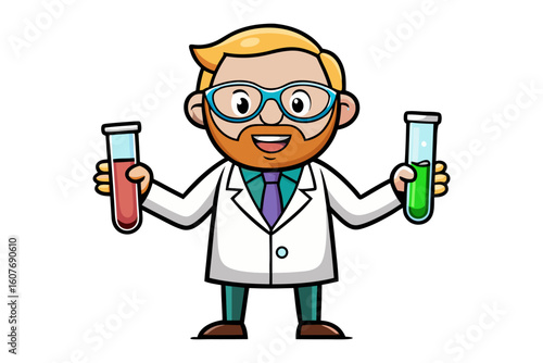 Enthusiastic cartoon scientist with reddish beard and glasses holding two test tubes filled with colorful liquids