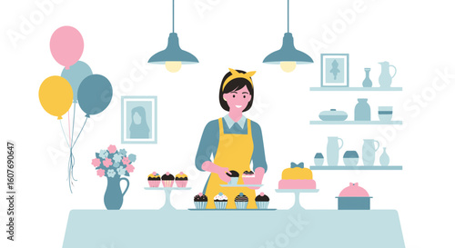 Cheerful Woman Arranging Cupcakes In A Sweet Shop Bakery Illustration