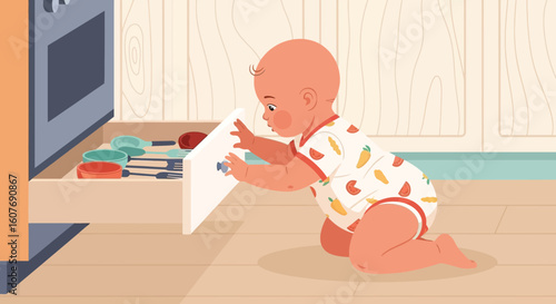 Curious Infant Exploring Kitchen Drawer Full Utensils Safety Concerns