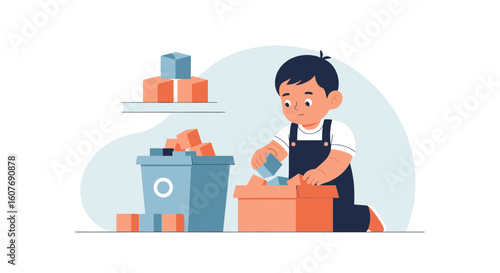 Curious Little Boy Playing with Building Blocks in the Nursery Room