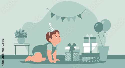 Curious Toddler Crawling Towards Wrapped Birthday Gifts In Room