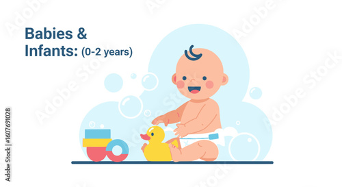 Cute Baby Playing With Duck And Building Blocks In Bath Cartoon Vector