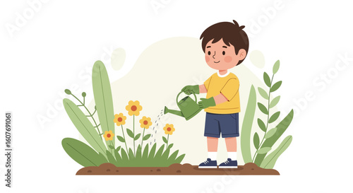 Cute Boy Gardening Watering Flowers In The Garden With Watering Can