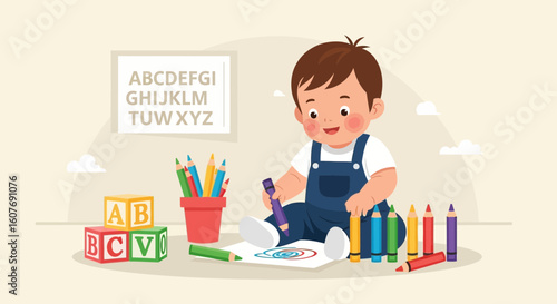 Cute Cartoon Boy Is Drawing With Color Pencils Education And Child Development