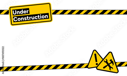 Information board. Warning sign with “Under construction” text. Caution stripes. Repair Tools. Work in progress. Construction, repair, update zone concept. Vector illustration.