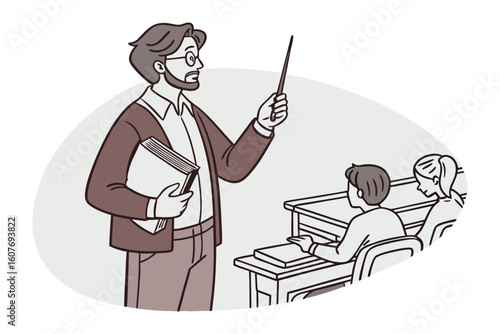 A bearded teacher with glasses holds a pointer and book addressing students sitting at desks in a classroom