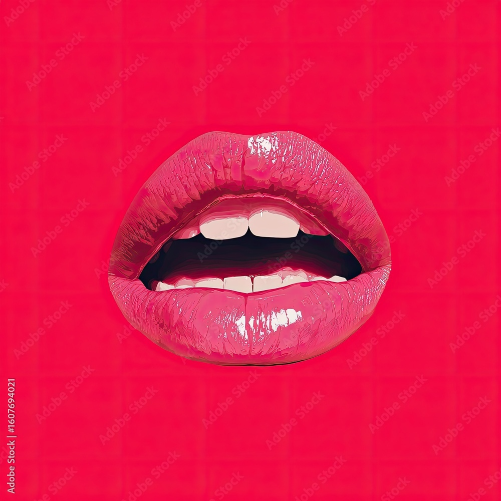 Obraz premium Pink lips, open mouth, red background, graphic design, advertising