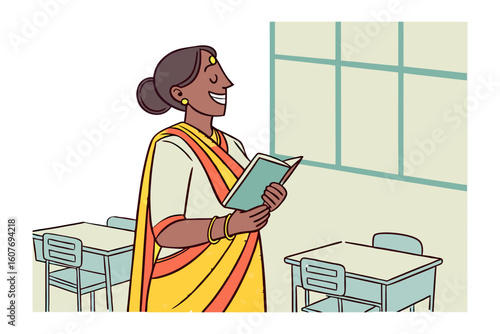 Joyful indian teacher in traditional attire enthusiastically reads from a book in a classroom setting
