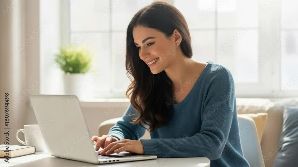 Woman Using Laptop. A woman is sitting at a desk and using a laptop. She is smiling. Woman Using Laptop. A woman is sitting at a desk and using a laptop. She is smiling.