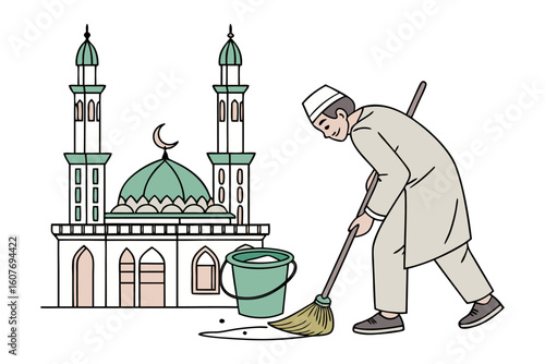 Charming illustration of a muslim girl in hijab holding a ladle near a canvas with arabic calligraphy