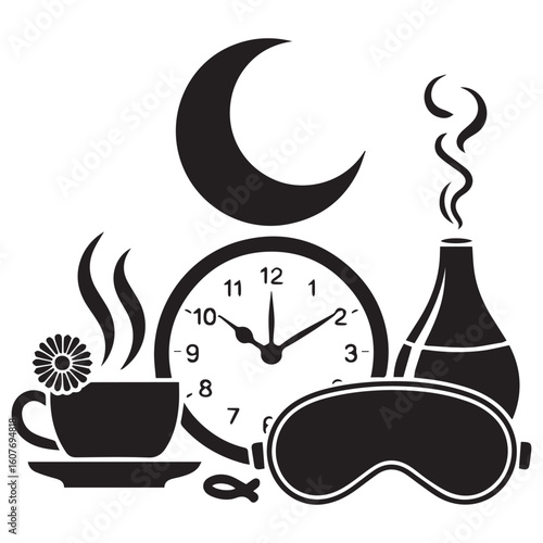 Relaxing evening routine with hot beverage crescent moon clock and sleep mask for peaceful rest