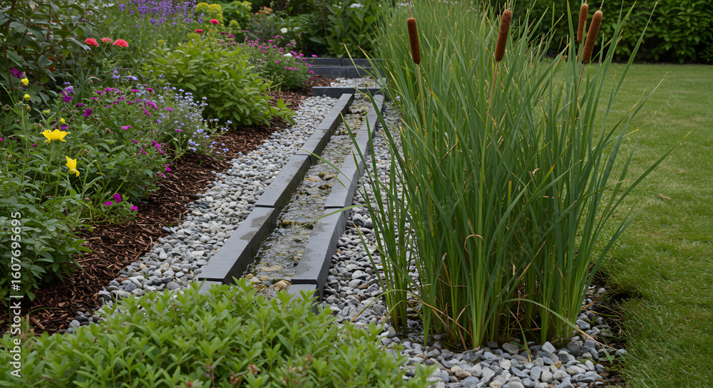 Obraz premium Serene garden water feature with gravel, plants, and cattails.