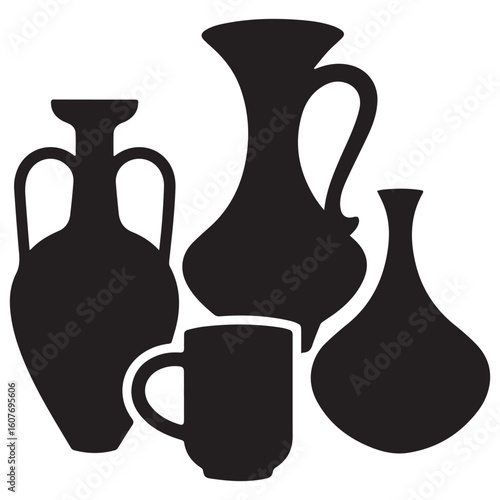 Silhouette collection of ancient greek amphorae a jug and a modern mug showcasing diverse pottery styles and shapes