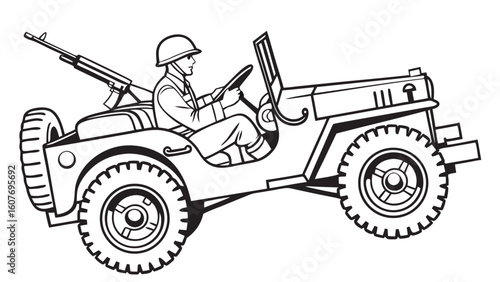 Military Vehicle Illustration: Soldier Driving a Jeep