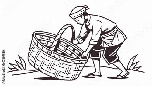 Farmer with Woven Basket - Traditional Agriculture Illustration