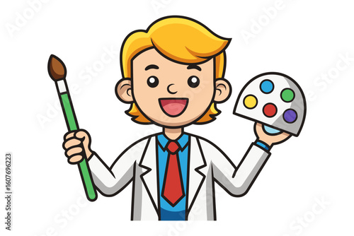 Joyful cartoon artist with blonde hair holding a paintbrush and a colorful palette ready to create