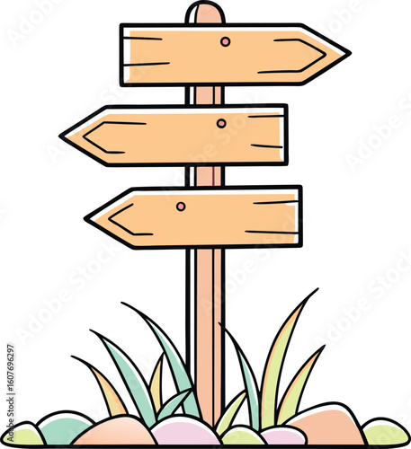 Wooden directional signpost with three blank arrow shaped signs pointing left and right set against a white background with grass and stones at the base