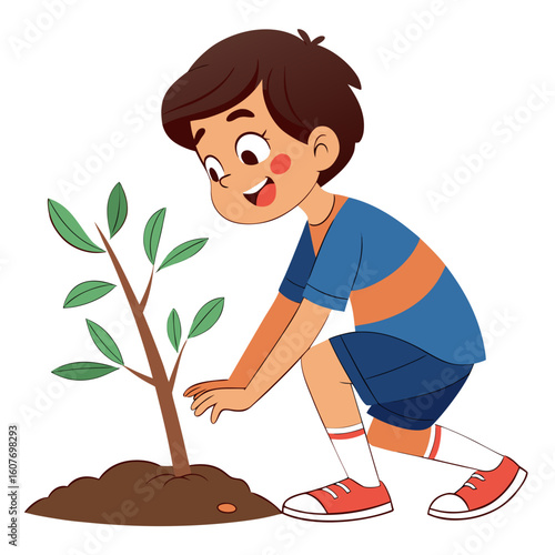Illustration of a young boy planting tree sapling in soil for environmental conservation and growth project