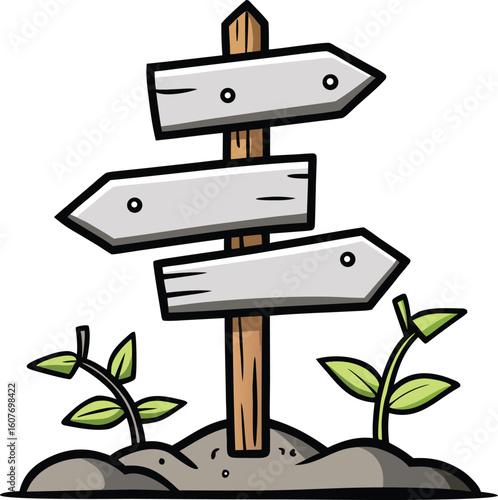 A wooden signpost with three blank directional arrows pointing left and right stands firmly in the ground with small green sprouts growing on either side