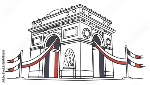 Arc de Triomphe Illustration with French Flag Ribbons