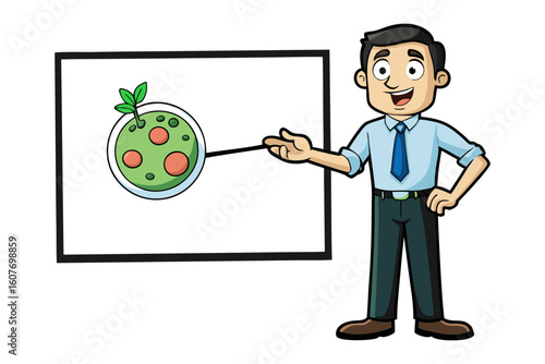 Enthusiastic teacher demonstrates global diversity by pointing to a swirl of international flags