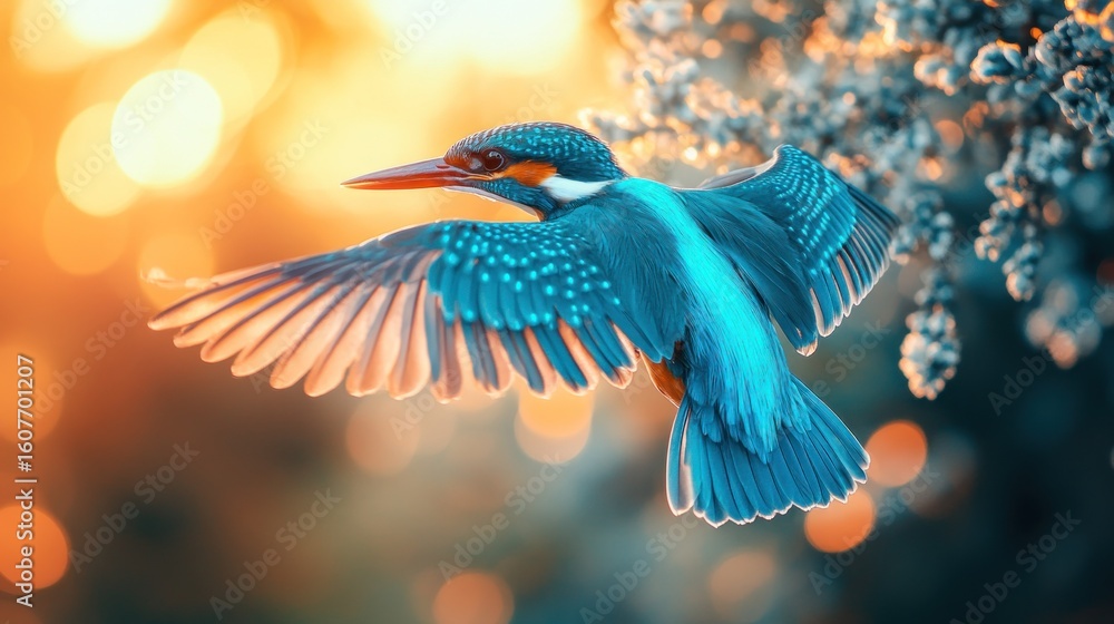 Obraz premium Vibrant blue kingfisher in flight, surrounded by soft sunset light