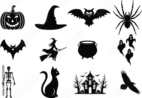 set of halloween element silhouette collection. Black and white vector editable file. pumpkin, ghost, cat, cauldron, horror house, female witch ride, owl, raven bird, skeleton, spider, witch hat