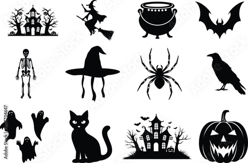 set of halloween element silhouette collection. Black and white vector editable file. pumpkin, ghost, cat, cauldron, horror house, female witch ride, owl, raven bird, skeleton, spider, witch hat
