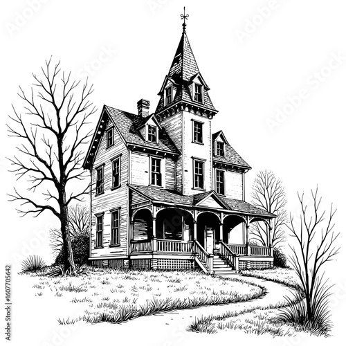 Haunted house in vintage black and white sketch style on white background  