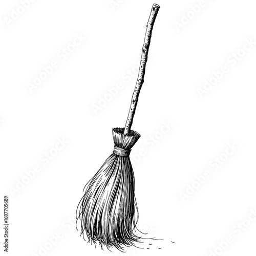 Broomstick in black and white sketch with vintage style on white background  