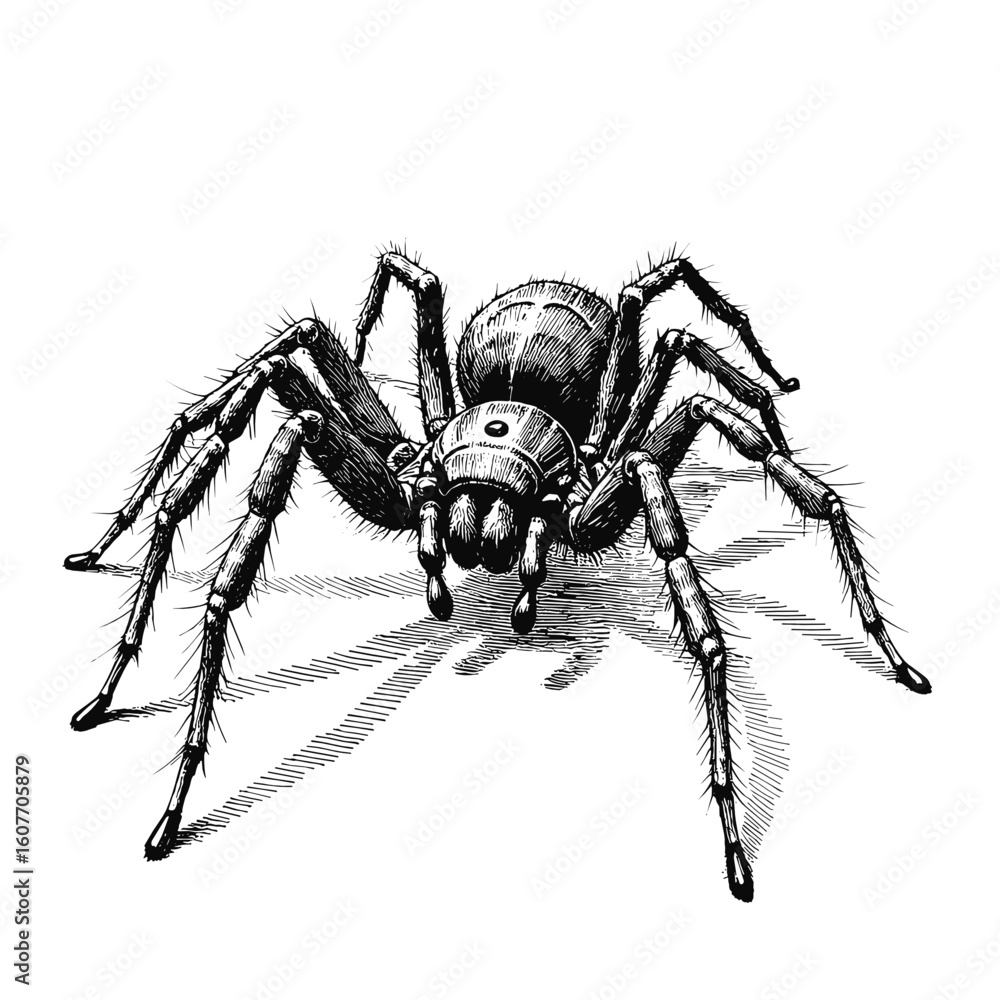 Fototapeta premium Spider in black and white sketch with black capillary pen in vintage style 