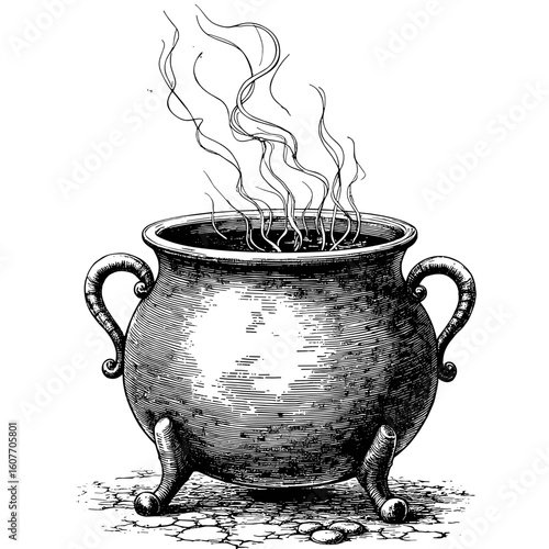 Vintage black and white cauldron sketch with steam on white background  