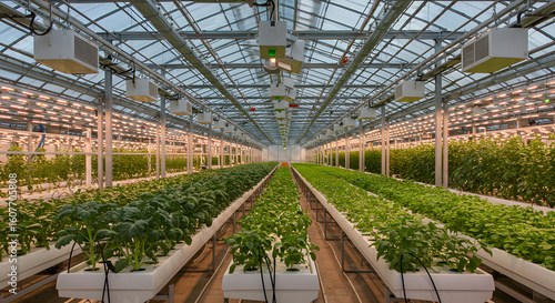 Rows of healthy green plants growing in a modern hydroponic greenhouse under artificial lights.