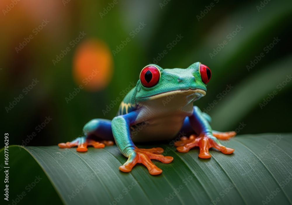 Obraz premium Vibrant red eyed tree frog perched on a lush green leaf in tropical rainforest