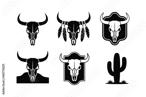 Black bull skulls and cactus silhouette animal skull horns