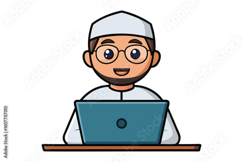 Smiling muslim man wearing a maroon kufi and robe holding a book and a lantern