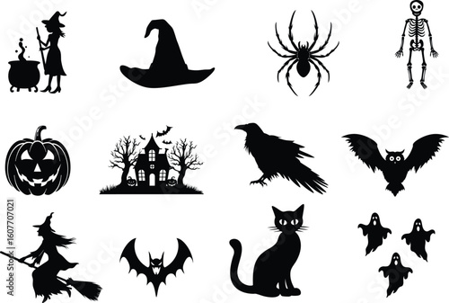 set of halloween element silhouette collection. Black and white vector editable file. pumpkin, ghost, cat, cauldron, horror house, female witch ride, owl, raven bird, skeleton, spider, witch hat
