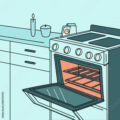 Modern oven with open door showing interior in stylish kitchen  