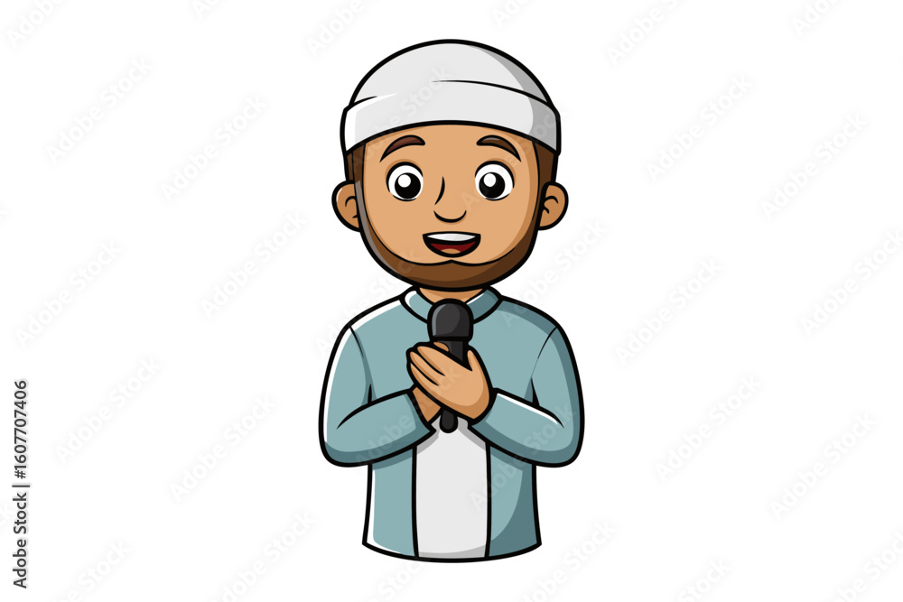 Pilgrim with backpack points towards a mosque in the distance while a prayer mat lies on the ground Pilgrim with backpack points towards a mosque in the distance while a prayer mat lies on the ground