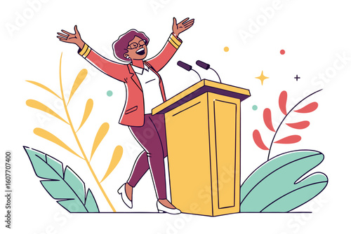 Enthusiastic man in hat and scarf joyfully reads an open book with a starburst background