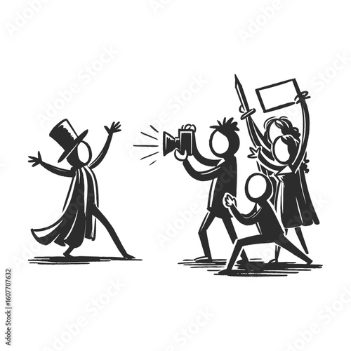Stick figure performance scene with film crew and expressive gestures in minimalist illustration, vector