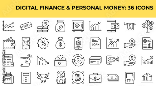 Digital finance and personal money set icons in vector style  