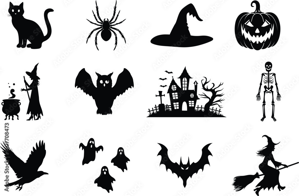 Fototapeta premium set of halloween element silhouette collection. Black and white vector editable file. pumpkin, ghost, cat, cauldron, horror house, female witch ride, owl, raven bird, skeleton, spider, witch hat