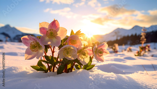 Flowers emerging from winter snow