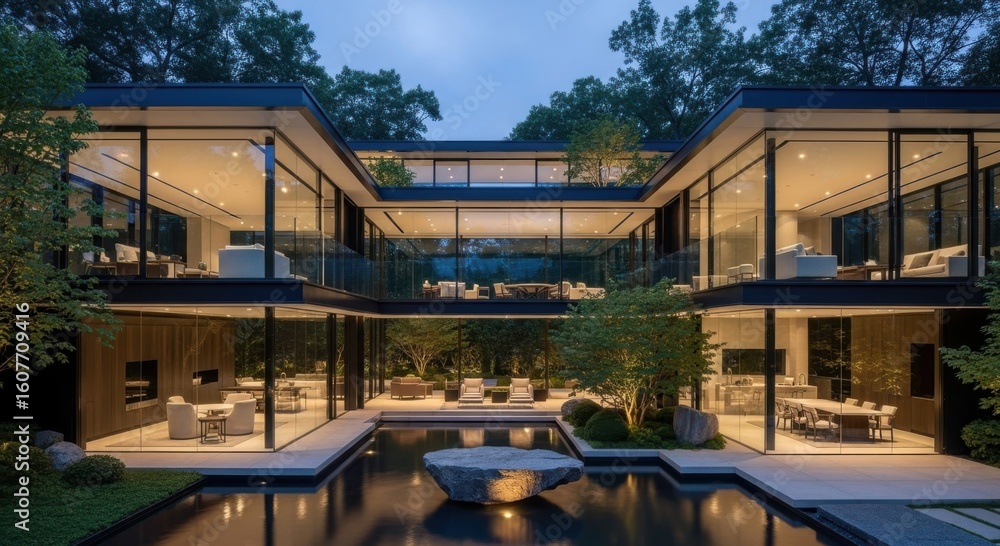 Fototapeta premium Modern luxury home with glass walls reflecting pool at dusk