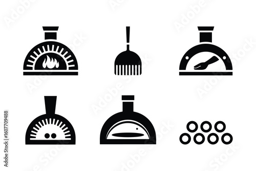 Black silhouettes of ovens and cooking tools pizza oven wood fired oven