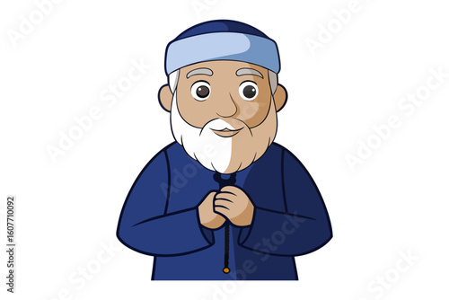 Charming cartoon illustration of a muslim man wearing a green thobe and kufi holding his finger up