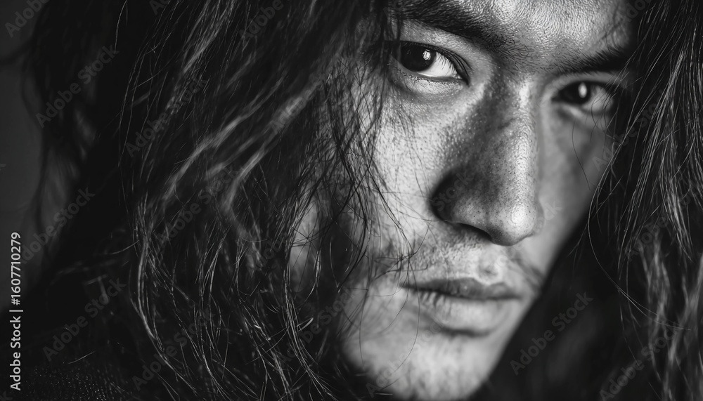 Fototapeta premium Moody Black and White Portrait of a Young Man – Dramatic Shadow Photography