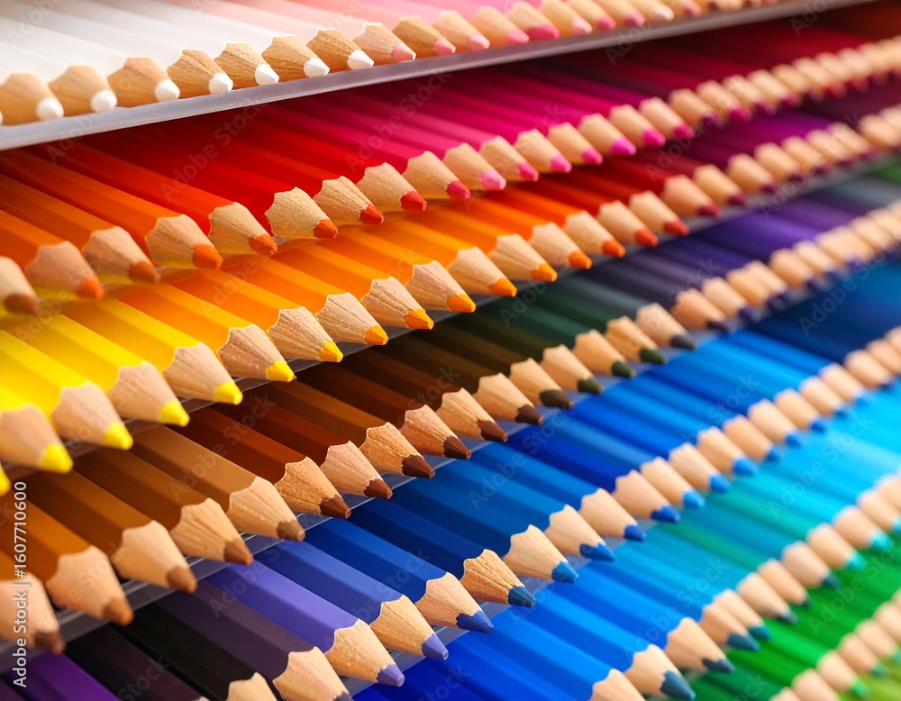 Fototapeta premium Close-up of colorful pencils in layered trays
