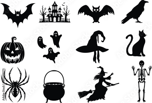 set of halloween element silhouette collection. Black and white vector editable file. pumpkin, ghost, cat, cauldron, horror house, female witch ride, owl, raven bird, skeleton, spider, witch hat